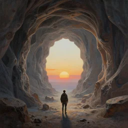 lone wanderer in a highly detailed surreal cinematic cave entrance in a scifi landscape, psychedelic, amazing, by feng zhu, wayne barlowe, perfect geometry, hyper - detailed, sharp, beautiful, desaturated, beautiful lighting, oil on canvas, sunset