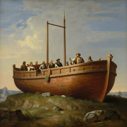 biblical illustration of Noah’s Ark on a mountain, realistic painting, classical painting, high definition, digital art, matte painting, very detailed, realistic