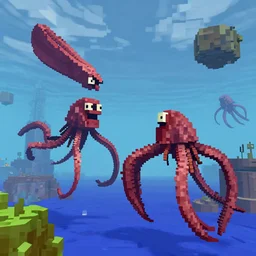 giant squids battling in the sky, minecraft, artstation, digital voxel art