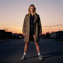 high quality realistic street photo of girl, blond hair, clothes in the sport style of 1 9 9 0, sneakers, lowered socks, loose coat, perfect face against the sunset sky ; kodak ektar, 2 0 0 iso, 3 5 mm lens, bill henson style beautiful chiaroscuro lighting, beautiful colour palette, beautiful and realistic, wide shot