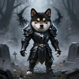 berserk skullknight black armor, anthropomorphic shiba inu, shiba inu face, stuning 3 d render, masterpiece, glowing black aura, foggy dark graveyard, by donato giancola and greg rutkowski and wayne barlow and zdzisław beksinski, realistic face