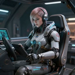 cyberpunk space pilot wired into her cockpit, artstation render 0.0000008