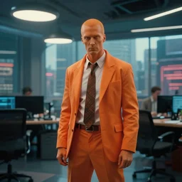 anthromorphic orange as a businessman, bladerunner 2 0 4 9, office interior, city, cinematic, film still