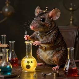 anthropomorphic steampunk mouse performing a chemistry experiment with bright radioactive beakers, realistic, chiaroscuro, renaissance art, realistic, intricate textures