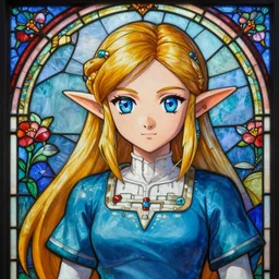 beautiful lifelike studio close - up painting of anime zelda!!!. beautiful stained glass and intricate flower patterns. stunning composition, trending on deviantart, very very coherent, trending on artstation, greg rutkowski, hyper detailed, 4 k, high quality, smooth, sharp focus