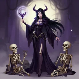 a beautiful feminine necromancer raising the dead, illustration, skeleton, character design by nixeu, artstation, 2 d cg