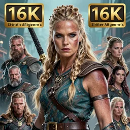 Official photo of an attractive majestic fierce viking woman, leader, ethereal, fear, scarred, highly detailed, viking attire, cinematic, 16k, 1080s, by Stanley Artgermm, Tom Bagshaw, Greg Rutkowski, Vincent di Fate, Carne Griffiths, Ayami Kojima, WLOP, trending on DeviantArt, hyper detailed, full of color, digital art,