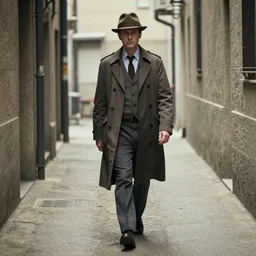 a 5 0's detective, walking alone in an alley
