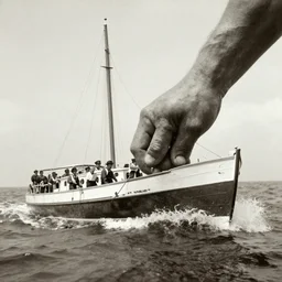 a boat being grabbed by a giant underwater hand, 1 9 0 0 s photograph
