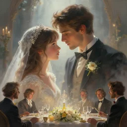 a cinematic portrait of wedding photograph close up moment of a divine a young man and young girl lovers magician at a wedding banquet, digital painting, artstation, concept art, fantasy style, wedding photo, 8 k, cinematic lighting, beautiful, mist, hyper detailed, masterpiece by krenz cushart, yoji shinkawa artgerm, jon lothian, danilo torres, adi meyers, thomas reimann, gaston bussiere,
