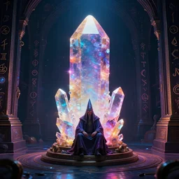 A space wizard stand in front of giant, glowing crystal sits in the center of a dark room, Strange symbols line the walls, and a soft light glows from somewhere deep within the room, highly detailed, digital photo, HDRI, by christopher bretz and kael ngu, vivid colors, high contrast, 8k resolution, intricate, photorealistic, smooth, psychedelic color scheme, concept art, award winning, behance contest winner