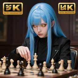 a pale anime girl playing chess, league of legends, with golden eyes, straight sky blue hair, long bangs, black jacket, high collar, concept art, award winning photography, digital painting, cinematic, by wlop, anime key visual, wlop, 8 k, by ross tran, tom bagshaw, andy warhol
