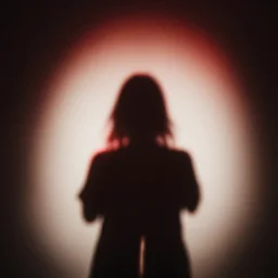 red light from above defines the shape of her shadow on the floor below