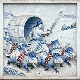 On this carving is an artwork of Jang Kyungsu retaliating with her sword while brandishing shivs. Seven tapirs advance, covered in intestines. The work is shaded in hues of blue and white. This depiction tells the story of Jang's caravan fighting off an ambush on the 9th of Decembary, 5500.