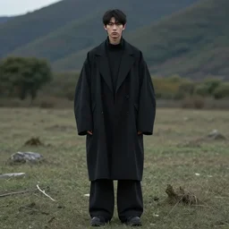 character with wearing black clothes against a backdrop of nature, an oversize coat in the style of yohji, balenciaga, dark palette, by matt bors