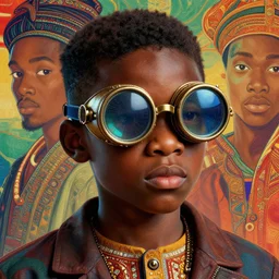 colourful vfx art of a nigerian boy wearing steam punk goggles, art by utagawa kunisada & james jean, volumetric light, ray tracing, unreal engine, octane 3 d render, sharp, detailed, digital painting, illustration, highly detailed, intricate detail, pinterest, behance, art station,