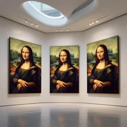 interior futuristic art gallery wide angle highly detailed by santiago calatrava, three wall hanging paintings famous pieces by vinci!, captivating 8 k hdr, octane render godrays hyperrealism