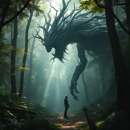 a large creature made of driftwood and branches meeting a man in an overgrown and lush forest, fantasy concept art by greg rutkowski, esuthio, craig mullins, cinematic lighting, dramatic composition, beautiful nature, concept art