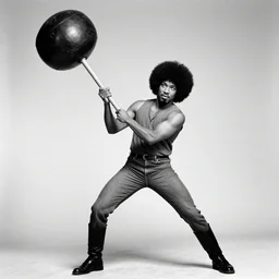 1 9 7 0 s photography, black and white, oversize afro - american booker t, afro hair, epic pose, carrying a big wrecking ball, epic pose