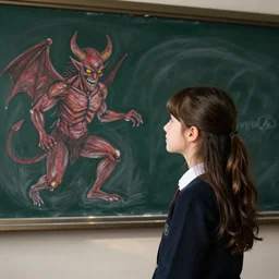 a girl in the classroom looking at a demon on the blackboard, artstation, ultradetailed