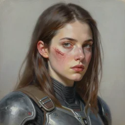 portrait of a woman with a large obvious scar across her cheek from ear to lips, wearing femshep mass effect armor, Alexandria's genesis, chin-length hair, bored, illustration, soft lighting, soft details, hyper realism, high detailed, painting oil on canvas by mark arian by artgerm, trending on artstation, 4k, 8k, HD