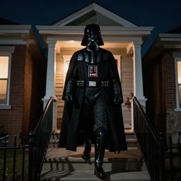 darth vader is walking up the front walk of a chicago bungalow at night, menacing.