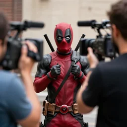 candid photo of deadpool filming a camera man, 4 k