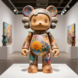 8 k octan, advertising, highly detailed, photo, a totally wooden figurine collectible art toys wooden on feet, funny very conceptcar cyberpunk, flowers graffiti colored, a contemporary art gallery, symetrical, naturalism, masterpiece of art, no finito, design showroom, dealership, indoor display, convention, exhibition cyberpunk