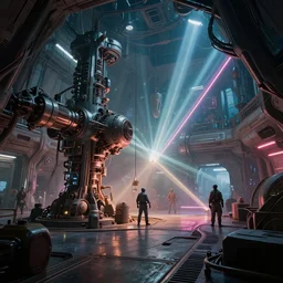 wide shot, interior of an alien spaceship, futuristic, surrealism, sci - fi, heavy machinery, humanoids working, neon tubes crepuscular rays, ray tracing, by patrick woodroffe and mike worrall