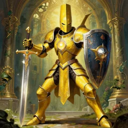 full body, attack position Delphin Enjolras painting in lush fantasy environment of a ornate holy mechanical warforged with circular glowing eye, character in yellow armor holding a legendary paladin engraved holy great longsword and carrying a huge heavy paladin shield, vertically flat head, face in focus, epic , trending on ArtStation, masterpiece,  cinematic lighting