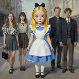 pop surrealism, lowbrow art, realistic cute alice girl painting, japanese street fashion, hyper realism, muted colours, rococo, natalie shau, loreta lux, tom bagshaw, mark ryden, trevor brown style,
