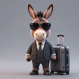 3D render of a donkey character wearing a suit and cool sunglasses next to a travel suitcase, gray background, amazing detail, artstation, octane render, 8k resolution, ray tracing