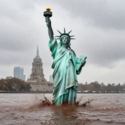 liberty statue get sink on chocolate liquid rain, flooded with chocolate