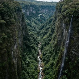 wide angle view a deep canyon, one (single solitary) hang glider, mountainous jungle setting, trees, waterfall, river, rocks, dramatic lighting, highly detailed, artstation, unreal engine, matte painting in the style of craig mullins, Uncharted 4, fish eye lens, 8k HDR