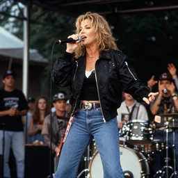 1 9 9 0 s video still of susan sarandon, wearing hip hop urban clothing, rapping on stage at a small outdoor concert, vhs artifacts