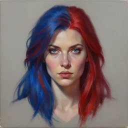A detailed matte oil on canvas head on symmetrical portrait of a distinguished elven woman with split red and blue hair on an empty background,  by Charlie bowater, Wlop, trending on artstationhd,  dungeons and dragons art, parted hair ,  half blue,  half red , split dye, critical role