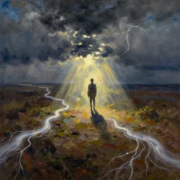 an energy stream running left to right. a figure in the center | painting by craig mullins