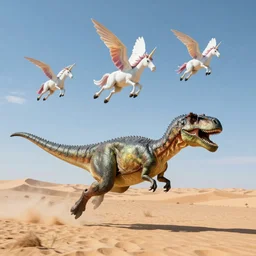 a dinosaur running in a desert chased by flying unicorns
