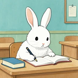 drawing of a white rabbit, studying in a classroom, turquoise, Beatrix Potter