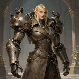 female half elf monk in a temple, tight trench coat, huge robotic arms, blonde hair, green eyes, concept art, key visual, realistic shaded perfect face, fine details, high fantasy, steampunk, by stanley artgerm lau, wlop, rossdraws, james jean, andrei riabovitchev, marc simonetti, and sakimichan, trending on artstation