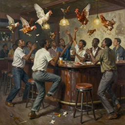 a messy rowdy painting of black men gatecrashing a bar, barstool and chickens flying through air, art by dean cornwell, artstation
