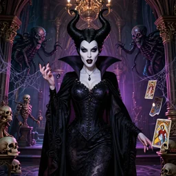 closeup portrait succubus gothic disney varga elvira maleficent medusa standing in a ornate haunted mansion during a seance, cthulhu, kraken, skulls, spider webs, glamour pose, moebius, gta v, dan mumford, alphonse mucha, volumetric lighting, patrick nagel, tarot card, d & d, new art nouveau, greg rutkowski,