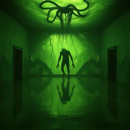 a room of oil, water caustics, the creature is here, insanity, film still from the movie directed by denis villeneuve and david cronenberg with art direction by salvador dali and zdzisław beksinski