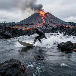 surfing down a river of lava on the side of a volcano, action shot, dystopian, motion blur, sharp focus, imax