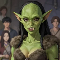a female orc with dull fangs and pointy ears and olive green skin | | very anime, fur bra, fine - face, pretty face, realistic shaded perfect face, fine details. anime. realistic shaded lighting poster by ilya kuvshinov, katsuhiro otomo, greg rutkowski, magali villeneuve, artgerm, jeremy lipkin and michael garmash and rob rey