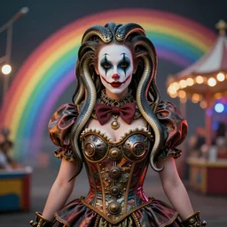 photorealistic soft paint of a curiosities carnival, single beautiful clown in a full steampunk corset very long snakes hairs, symmetry accurate features, ominous depths, elegance, focus, rainbow lighting, very high details, award winning masterpiece, behance, by tom bagshaw