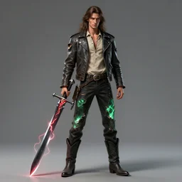 tall, lean man with long wavy brown hair. He wears a torn-up leather jacket and a beige cloth shirt underneath. Black pants, and cowboy boots. Pale green glowing energy glows through the tears in his clothes, and he carries a large crystalline black longsword with red lightning that arcs across the blade. by craig mullins, craig mullins. featured on artstation