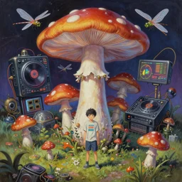 surreal gouache painting, by yoshitaka amano, by ruan jia, by Conrad roset, by good smile company, detailed anime 3d render of a  wild mushroom  Surrounded by magical dragonfly and a big DJ Mixer, deck,  portrait, cgsociety, artstation, rococo mechanical and Digital  and electronic, dieselpunk atmosphere