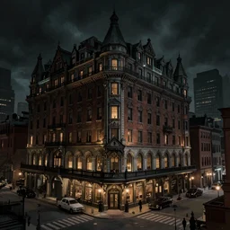 action scene painting of a 1 9 2 0 s gothic style hotel in downtown boston, overlooking a dark street, h. p. lovecraft, architectural, atmospheric lighting, brooding, painted, intricate, ultra detailed, well composed, best on artstation, cgsociety, epic, horror, stunning, gorgeous, intricate detail, much wow, masterpiece, cinematic aesthetic octane render, 8 k hd resolution,
