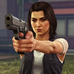 mimi mathy in gta v pointing a gun, close face photo, cut scene